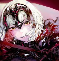 Rule 34 | absurdres, amo (silent bomb19), bad id, bad twitter id, cape, close-up, diadem, fate/grand order, fate (series), fur trim, highres, holding, holding sword, holding weapon, jeanne d&#039;arc (fate), jeanne d&#039;arc alter (avenger) (fate), jeanne d&#039;arc alter (fate), looking at viewer, pink lips, smile, solo, sword, weapon, white hair, yellow eyes