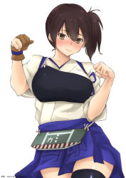 Rule 34 | 1girl, blush, brown eyes, brown hair, character name, cowboy shot, dated, embarrassed, gloves, highres, kaga (kancolle), kantai collection, light frown, looking at viewer, muneate, one-hour drawing challenge, partially fingerless gloves, partly fingerless gloves, paw pose, side ponytail, simple background, solo, tasuki, thighhighs, timato, twitter username, white background, yugake, zettai ryouiki