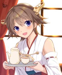 Rule 34 | 1girl, artist logo, bare shoulders, blue eyes, brown hair, cup, curtains, dated, detached sleeves, flipped hair, hairband, headgear, hiei (kancolle), highres, kantai collection, looking at viewer, mashiro yukiya, open mouth, ribbon-trimmed sleeves, ribbon trim, short hair, smile, solo, teacup, teapot, upper body, window