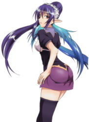 Rule 34 | 00s, 1girl, alternate costume, ass, blue hair, elf, enmaided, judith (tales), long hair, maid, miniskirt, official alternate costume, pencil skirt, pointy ears, skirt, solo, tales of (series), tales of vesperia, the game, thighhighs, white background