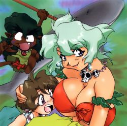 Rule 34 | 1990s (style), 1boy, 2girls, barefoot, breasts, brown eyes, brown hair, constricted pupils, crystal earrings, dark-skinned male, dark skin, dual persona, earrings, facepaint, fang, front-tie top, green hair, hand on another&#039;s head, holding, holding polearm, holding spear, holding weapon, huge breasts, jewelry, jungle de ikou, leaf skirt, light green hair, long hair, looking at viewer, mii (jungle de ikou), multiple girls, necklace, official art, ongo, pointy ears, polearm, retro artstyle, short hair, skull necklace, smile, spear, thick eyebrows, weapon