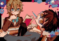 Rule 34 | 1boy, 1girl, against desk, alternate costume, alternate uniform, alternate universe, aqua bow, aqua bowtie, bespectacled, black border, book, border, bow, bowtie, from behind, glasses, hair between eyes, hanoyuta, highres, jibaku shounen hanako-kun, knee up, leaning back, looking at viewer, looking back, mouth hold, no headwear, official art, on chair, open book, open hands, outside border, pencil, pink background, school uniform, shijima mei, sitting, smile, yugi tsukasa