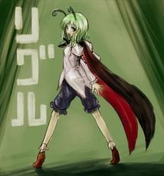 Rule 34 | 1girl, ankle socks, antennae, bad id, bad pixiv id, breasts, cape, character name, flats, from behind, green eyes, green hair, looking back, matching hair/eyes, puffy sleeves, short hair, shorts, small breasts, smile, so-ma, socks, solo, tiptoes, touhou, wriggle nightbug