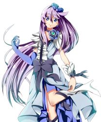 Rule 34 | 1girl, black bow, blue dress, blue eyes, blue flower, blue gloves, boots, bow, brooch, choker, cure moonlight, dress, elbow gloves, floating hair, flower, gloves, hair between eyes, hair flower, hair ornament, heart, heart brooch, heartcatch precure!, high heel boots, high heels, highres, jewelry, knee boots, long dress, long hair, looking at viewer, precure, purple hair, simple background, single glove, smile, solo, standing, standing on one leg, tsukikage yuri, very long hair, white background, white footwear, yuutarou (fukiiincho)
