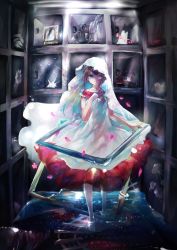 Rule 34 | 1girl, absurdres, barefoot, blue eyes, brown hair, drawing (object), dress, film reel, highres, huge filesize, looking at viewer, oreoremikan, picture frame, projector, solo, standing, wading, water, white dress