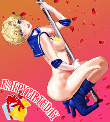 Rule 34 | :d, absurdres, arion canvas, bishoujo senshi sailor moon, blonde hair, blue choker, blue eyes, blue footwear, blue sailor collar, boots, bow, breasts, choker, circlet, commentary request, dutch angle, elbow gloves, from side, gloves, gradient background, happy birthday, high heel boots, high heels, highres, knee boots, looking at viewer, looking to the side, medium breasts, nipples, nude, open mouth, parted bangs, pink background, pole, pubic tattoo, sailor collar, sailor uranus, short hair, smile, solo, squatting, stripper pole, tattoo, ten&#039;ou haruka, white gloves, yellow bow