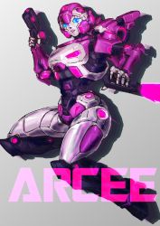 Rule 34 | absurdres, arcee, autobot, blue eyes, character name, commentary, glowing, glowing eyes, grey background, gun, highres, holding, holding gun, holding weapon, jumping, looking down, mecha, no humans, oberon826, robot, solo, transformers, transformers: fall of cybertron, weapon