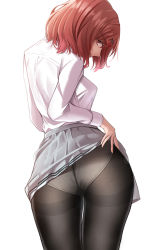 Rule 34 | 1girl, ass, black pantyhose, clothes lift, from behind, grey skirt, hair ornament, hairclip, highres, higuchi madoka, idolmaster, idolmaster shiny colors, lifted by self, long sleeves, looking at viewer, looking back, panties, panties under pantyhose, pantyhose, pantyshot, pleated skirt, pointy breasts, red eyes, red hair, school uniform, shirt, shirt tucked in, short hair, simple background, skirt, skirt lift, solo, thighband pantyhose, underwear, white background, white panties, white shirt, yoshimoto (carpsukidayo)