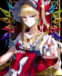 Rule 34 | 1girl, bare shoulders, blonde hair, blunt bangs, bow, crystal, cup, dress, drinking glass, eyelashes, flandre scarlet, frilled bow, frills, hat, highres, medium hair, nubezon, one side up, red bow, red dress, red eyes, red nails, red wine, sidelocks, solo, touhou, v-shaped eyebrows, wine glass, wings