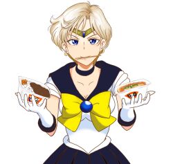 Rule 34 | 1girl, bishoujo senshi sailor moon, black choker, black sailor collar, black skirt, blue eyes, bow, breasts, choker, chopsticks, circlet, cleavage, commentary request, crescent, crescent earrings, earrings, food, gloves, hands up, highres, holding, holding food, jewelry, large bow, leotard, looking at viewer, medium breasts, mouth hold, sailor collar, sailor shirt, sailor uranus, shirt, short hair, short sleeves, simple background, skirt, solo, tomojiyo (toko), upper body, white background, white gloves, white leotard, white shirt, yakisoba, yellow bow