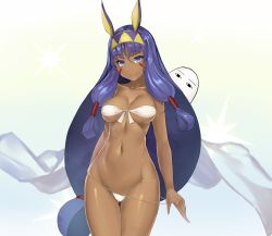Rule 34 | &lt;o&gt; &lt;o&gt;, 1girl, absurdres, animal ears, armlet, arms at sides, bandeau, bikini, bikini pull, blue eyes, breasts, cleavage, closed mouth, clothes pull, collarbone, cowboy shot, dark-skinned female, dark skin, earrings, facial mark, fate/grand order, fate (series), front-tie bikini top, front-tie top, gluteal fold, gradient background, hair tubes, hairband, highres, hoop earrings, jackal ears, jewelry, long hair, looking at viewer, low-tied long hair, medium breasts, medjed (fate), nakamura nagare, navel, nitocris (fate), purple hair, sidelocks, simple background, smile, solo, string bikini, swimsuit, thigh gap, very long hair, white bikini, wide hips