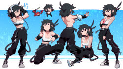 Rule 34 | 1girl, ass, beamed eighth notes, belt, black eyes, black pants, breasts, choker, cleavage, crab, cup, drinking, eighth note, headphones, high-waist pants, highres, holding, holding cup, knife, looking at viewer, lucia (scott malin), medium breasts, multiple views, musical note, nail polish, narrow waist, original, pants, scott malin, shoes, shoulder blades, sideboob, sports bra, sweat, topless, treble clef, watermark, web address, white sports bra