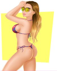 Rule 34 | ass, bikini, blonde hair, breasts, earrings, closed eyes, fap ceo, jewelry, lips, long hair, standing, summer (fap ceo), sunglasses, swimsuit, tinted eyewear, yellow-tinted eyewear, yellow-tinted glasses, yellow background