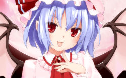 Rule 34 | 1girl, :p, bad id, bad pixiv id, bat wings, blue hair, brooch, child, close-up, female focus, finger to face, hat, head tilt, highres, jewelry, kani biimu, one eye closed, red eyes, remilia scarlet, short hair, slit pupils, solo, tongue, tongue out, touhou, upper body, wallpaper, wings, wink