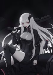 Rule 34 | 1girl, beak (girls&#039; frontline), black thighhighs, garter straps, girls&#039; frontline, hair ribbon, highres, holding, holding weapon, long hair, looking at viewer, pink eyes, ribbon, simple background, sitting, solo, thighhighs, tongue, tongue out, very long hair, weapon, white hair