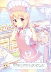Rule 34 | 1girl, :o, absurdres, alc (ex2 lv), blonde hair, blush, chef hat, chef, cooking, cream, food, fruit, hat, highres, holding, holding food, holding fruit, kitchen, long hair, neckerchief, pocket, red eyes, solo, standing, strawberry, toque blanche, whisk