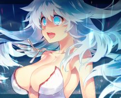Rule 34 | 1girl, artemis (fate), bare shoulders, blue eyes, blue hair, breasts, cleavage, dress, false smile, fate/grand order, fate (series), jewelry, large breasts, long hair, necklace, open mouth, silver hair, smile, solo, upper body