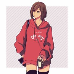 Rule 34 | 1girl, bag, brown eyes, brown hair, casual, collarbone, commentary, cowboy shot, cup, disposable cup, drawstring, drinking straw, english commentary, expressionless, holding, holding cup, hood, hoodie, looking to the side, meiko (vocaloid), red hoodie, short hair, shoulder bag, solo, striped, striped background, tan, thighhighs, vocaloid, yen-mi, zettai ryouiki