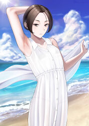 Rule 34 | 1girl, arm up, armpits, beach, black eyes, black hair, blue sky, closed mouth, cloud, collarbone, collared dress, commentary request, day, dress, expressionless, highres, kutsuda miru, ocean, original, outdoors, short hair, sky, sleeveless, sleeveless dress, standing, white dress