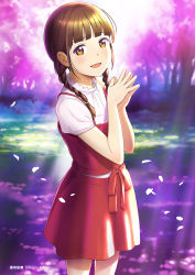 Rule 34 | 1girl, :d, artist name, bad id, bad twitter id, blunt bangs, blurry, blush, braid, brown eyes, brown hair, buttons, character request, cherry blossoms, copyright request, depth of field, falling petals, hair over shoulder, hiyori mizuki, long hair, looking at viewer, open mouth, outdoors, own hands together, petals, puffy short sleeves, puffy sleeves, red skirt, shirt, short sleeves, skirt, smile, solo, spring (season), standing, steepled fingers, tree, twin braids, twintails, white shirt, wind