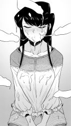 Rule 34 | 1girl, black hair, blush, breasts, closed eyes, closed mouth, collarbone, cum, cum on body, cum on breasts, cum on clothes, cum on hair, cum on upper body, cum string, cumdrip, ejaculation, eyebrows, facial, gradient background, greyscale, highres, komi-san wa komyushou desu, komi shouko, long hair, long sleeves, medium breasts, monochrome, multiple penises, out of character, pantyhose, penis, sidelocks, simple background, solo focus, surrounded by penises, tesu, white background