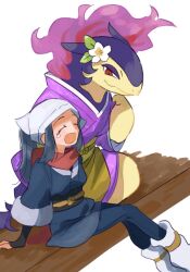 Rule 34 | 1girl, akari (pokemon), blue hair, blue pants, closed eyes, closed mouth, clothed pokemon, creatures (company), crying, fire, flower, game freak, head scarf, highres, hisuian typhlosion, japanese clothes, kimono, leg warmers, long hair, nintendo, open mouth, pants, pokemon, pokemon legends: arceus, purple fire, purple kimono, red eyes, scarf, simple background, sitting, smile, solo, tears, white background, white flower, white scarf, yunme