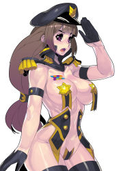 Rule 34 | 1girl, absurdres, arm up, bare shoulders, black thighhighs, brown hair, collarbone, epaulettes, fengmo, hat, highres, long hair, military hat, mole, mole under mouth, navel, open mouth, pasties, purple eyes, salute, simple background, solo, star pasties, thighhighs, thighs, white background, wide hips