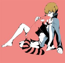 Rule 34 | 1boy, animal, bad id, bad pixiv id, barefoot, brown hair, character request, male focus, red panda, shiro (reptil), short hair, simple background, solo, tennis no ouji-sama