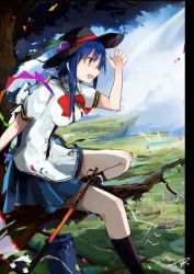 Rule 34 | 1girl, adapted costume, apron, bird, black hat, black socks, blouse, blue bow, blue dress, blue hair, blue skirt, bow, dress, food, frills, from side, fruit, hat, hinanawi tenshi, large bow, long hair, miniskirt, open mouth, peach, pleated skirt, puffy short sleeves, puffy sleeves, rainbow gradient, rainbow order, red bow, red eyes, scenery, shirt, short sleeves, sitting, skirt, smile, socks, solo, sword of hisou, tetsurou (fe+), touhou, tree, white shirt, wing collar