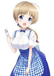 Rule 34 | 1girl, ahoge, apron, blue eyes, blush, braid, braided ponytail, breasts, dirndl, german clothes, gingham apron, hair ribbon, highres, holding, holding tongs, large breasts, long hair, looking at viewer, lynette bishop, mejina, open mouth, ribbon, shiny skin, simple background, skirt, smile, solo, strike witches, suspender skirt, suspenders, tongs, white background, world witches series