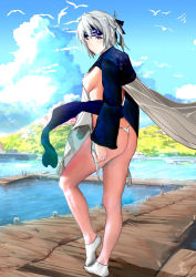 Rule 34 | 10s, 1girl, absurdres, aruuin, ass, bare legs, bird, blue eyes, blue sky, breasts, closed mouth, day, flower, from behind, hair rings, headband, highres, kamoi (kancolle), kantai collection, legs, long sleeves, looking at viewer, looking back, medium breasts, ocean, outdoors, panties, pelvic curtain, pier, sash, ship, short hair, sideboob, silver hair, sky, smile, socks, solo, solo focus, tabard, tabard lift, tareme, underwear, watercraft, white panties, white socks, wind, wind lift