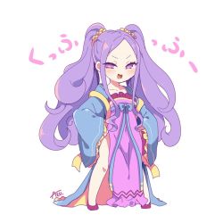 Rule 34 | 1girl, :d, azu (kirara310), blush stickers, chinese clothes, collarbone, commentary request, dress, fate/grand order, fate (series), forehead, frilled sleeves, frills, full body, hair ornament, hair scrunchie, hands on own hips, hanfu, long hair, long sleeves, looking at viewer, open mouth, parted bangs, pelvic curtain, pink dress, purple eyes, purple footwear, purple hair, scrunchie, shoes, sidelocks, signature, simple background, sleeves past wrists, smile, solo, strapless, strapless dress, translation request, twintails, twintails day, very long hair, white background, wide sleeves, wu zetian (fate), wu zetian (first ascension) (fate), yellow scrunchie