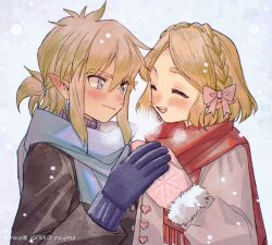 Rule 34 | 1boy, 1girl, black coat, blonde hair, blue eyes, blue gloves, blue scarf, bow, braid, closed eyes, coat, earrings, fur-trimmed gloves, fur trim, gloves, grey coat, hair between eyes, hair bow, highres, holding hands, jewelry, link, lofter username, looking at another, low ponytail, medium hair, mittens, mouyi, nintendo, open mouth, outdoors, parted bangs, pink bow, pink mittens, pointy ears, princess zelda, red scarf, scarf, short hair, sidelocks, smile, snow, snowing, the legend of zelda, the legend of zelda: breath of the wild, thick eyebrows, twitter username, upper body, winter clothes