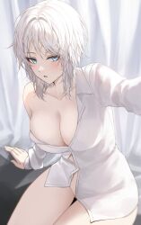 Rule 34 | 1girl, absurdres, blue eyes, blush, breasts, cleavage, collarbone, collared shirt, dress shirt, eonyan (chaeyang), faust (project moon), groin, highres, large breasts, long hair, looking at viewer, medium hair, messy hair, no panties, off shoulder, open clothes, open shirt, parted lips, project moon, shirt, solo, thighs, white hair, white shirt