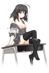 Rule 34 | 1girl, bad id, bad pixiv id, black eyes, black hair, black thighhighs, blush, breasts, classroom, clothes lift, cum, cum on body, cum on clothes, cum on lower body, desk, discreet vibrator, highres, nipples, no bra, object insertion, on desk, open clothes, open shirt, panties, panty pull, pussy, school, school uniform, sex toy, shirt, shirt lift, simple background, sitting, on desk, small breasts, solo, tama (tamatamo), thighhighs, uncensored, underwear, vaginal, vaginal object insertion, vibrator, white background