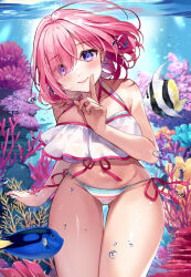 Rule 34 | 1girl, air bubble, aqua bikini, armpit crease, bare shoulders, bikini, blush, bob cut, breasts, bubble, closed mouth, collarbone, commentary, coral, coral reef, fate/grand order, fate (series), finger to face, fish, gluteal fold, groin, hair over one eye, index finger raised, large breasts, legs, lips, long bangs, looking at viewer, mash kyrielight, mash kyrielight (swimsuit of perpetual summer ver.02), misaki346, moorish idol, multicolored bikini, multicolored clothes, navel, pink bikini, pink hair, pink lips, purple eyes, sea anemone, side-tie bikini bottom, smile, stomach, submerged, surgeonfish, swimsuit, thighs, underwater, white bikini
