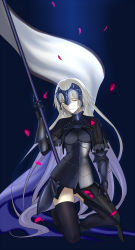 Rule 34 | 1girl, blonde hair, blue background, cape, chain, fate/grand order, fate (series), highres, jeanne d&#039;arc (fate), jeanne d&#039;arc alter (avenger) (fate), jeanne d&#039;arc alter (fate), kneeling, skindentation, solo, standard bearer, thighhighs, thighs, yellow eyes, zhengtaikong