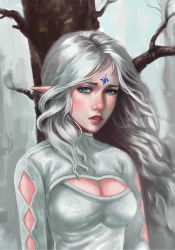 Rule 34 | 1girl, blue eyes, breasts, cleavage, cleavage cutout, clothing cutout, elf, eyelashes, facial mark, forehead mark, forest, highres, lips, long hair, meme attire, nature, nose, open-chest sweater, pointy ears, ribbed sweater, seien kai nemu boss, silver hair, solo, sweater, turtleneck