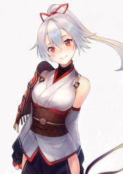 Rule 34 | 1girl, arm at side, arm behind back, armor, asymmetrical clothes, blush, breasts, closed mouth, detached sleeves, fate/grand order, fate (series), grey background, hair between eyes, hair ribbon, head tilt, high ponytail, hip vent, japanese armor, japanese clothes, kimono, kyoeiki, long hair, long sleeves, looking at viewer, medium breasts, obi, red eyes, red ribbon, ribbon, sash, shoulder armor, silver hair, simple background, single bare shoulder, single detached sleeve, smile, solo, tomoe gozen (fate), underbust, upper body, white kimono, wide sleeves