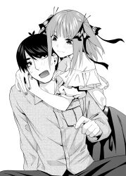 Rule 34 | 1boy, 1girl, bare shoulders, belt, black eyes, black hair, black ribbon, blunt bangs, blush, butterfly hair ornament, closed mouth, commentary, couple, embarrassed, eyelashes, fingernails, flirting, go-toubun no hanayome, hair ornament, hair ribbon, highres, hug, hug from behind, kosmos beta, looking at another, medium hair, monochrome, nail polish, nakano nino, open mouth, puffy short sleeves, puffy sleeves, ribbon, shirt, short hair, short sleeves, sidelocks, simple background, skirt, smile, sweatdrop, two side up, uesugi fuutarou, wavy mouth, white background