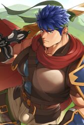 Rule 34 | 1boy, bara, belt, blue hair, brown belt, brown pants, bulge, cape, closed mouth, fire emblem, fire emblem: path of radiance, green headband, headband, highres, holding, holding sword, holding weapon, ike (fire emblem), large pectorals, looking at viewer, male focus, muscular, muscular male, nintendo, pants, pectorals, red cape, ruisselait, short hair, solo, sword, weapon