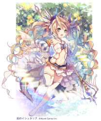Rule 34 | 1girl, age of ishtaria, bare shoulders, blonde hair, blue eyes, breasts, collar, copyright notice, detached collar, detached sleeves, holding, holding staff, horns, jonejung, long hair, open mouth, small breasts, solo, staff, strapless, tail, thighhighs, very long hair, white thighhighs