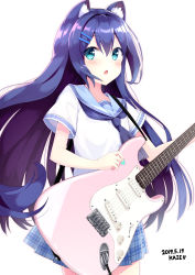 Rule 34 | 1girl, animal ears, black neckwear, blue eyes, blue sailor collar, blue skirt, blush, cat ears, commentary request, dated, electric guitar, fender stratocaster, guitar, hair between eyes, hair ornament, hairclip, heart, highres, holding, holding instrument, instrument, kaie, long hair, looking at viewer, original, parted lips, plaid, plaid skirt, pleated skirt, plectrum, purple hair, sailor collar, school uniform, serafuku, shirt, short sleeves, sidelocks, signature, simple background, skirt, solo, very long hair, white background, white shirt