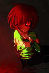 Rule 34 | absurdres, androgynous, artist name, black sclera, blood, blood in hair, blood on clothes, blood on face, blood splatter, bloody knife, bloody weapon, brown hair, chara (undertale), colored sclera, crazy eyes, dark, evil grin, evil smile, full body, gender request, glamist, grin, hair over one eye, highres, knife, looking at viewer, md5 mismatch, red eyes, resized, resolution mismatch, smile, solo, source smaller, spoilers, striped clothes, striped sweater, sweater, undertale, upscaled, weapon