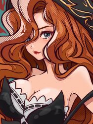 Rule 34 | 1girl, bare shoulders, blue eyes, breasts, cleavage, eyes visible through hair, hair over one eye, hat, highres, kawaguti kappa, large breasts, league of legends, lipstick, long hair, looking at viewer, makeup, miss fortune (league of legends), orange hair, pirate hat, red lips, simple background, smile, solo, upper body
