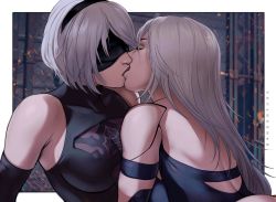 Rule 34 | 2girls, android, artist name, blindfold, breasts, dandon fuga, elbow gloves, closed eyes, gloves, hairband, joints, kiss, large breasts, lips, long hair, multiple girls, nier (series), nier:automata, robot joints, short hair, silver hair, 2b (nier:automata), a2 (nier:automata), yuri