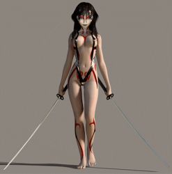 Rule 34 | 1990s (style), 1girl, 3d, animated, animated gif, barefoot, black hair, bodypaint, breasts, covered erect nipples, dual wielding, feet, grey background, holding, katana, large breasts, latex, long hair, looking at viewer, neo ranga, red eyes, retro artstyle, simple background, slingshot swimsuit, solo, stimuli, swimsuit, sword, tattoo, walking, weapon