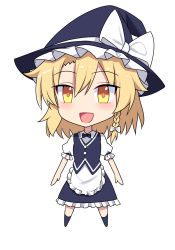 Rule 34 | 1girl, apron, black bow, blonde hair, blue dress, blue footwear, blue hat, blush, boots, bow, bowtie, braid, buttons, chibi, collared shirt, commentary request, dress, e.o., frills, full body, hair between eyes, hair bow, hat, hat bow, highres, kirisame marisa, looking at viewer, open mouth, shirt, short hair, simple background, single braid, smile, solo, standing, tongue, touhou, white apron, white background, white bow, white shirt, witch hat, yellow eyes