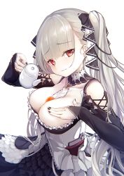 Rule 34 | 1girl, azur lane, bare shoulders, between breasts, black dress, black nails, blush, breast suppress, breasts, cleavage, cowboy shot, dress, earrings, eorx, formidable (azur lane), frilled dress, frills, frown, grey hair, hair ornament, hair ribbon, head tilt, holding, holding teapot, jewelry, large breasts, long hair, long sleeves, looking at viewer, nail polish, pouring, pouring onto self, red eyes, revision, ribbon, rigging, simple background, solo, teapot, twintails, wavy mouth, white background