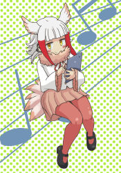 1girl absurdres bird_girl bird_tail bird_wings black_footwear blunt_bangs blush bow bowtie earbuds earphones frilled_sleeves frills fur_collar hane_(kirschbaum) head_wings highres japanese_crested_ibis_(kemono_friends) japari_symbol kemono_friends long_sleeves looking_at_viewer mary_janes multicolored_hair musical_note pantyhose pink_fur pleated_skirt polka_dot polka_dot_background red_bow red_bowtie red_hair red_pantyhose red_skirt shoes short_hair sidelocks skirt smile solo tablet_pc tail white_hair white_sleeves wings yellow_eyes